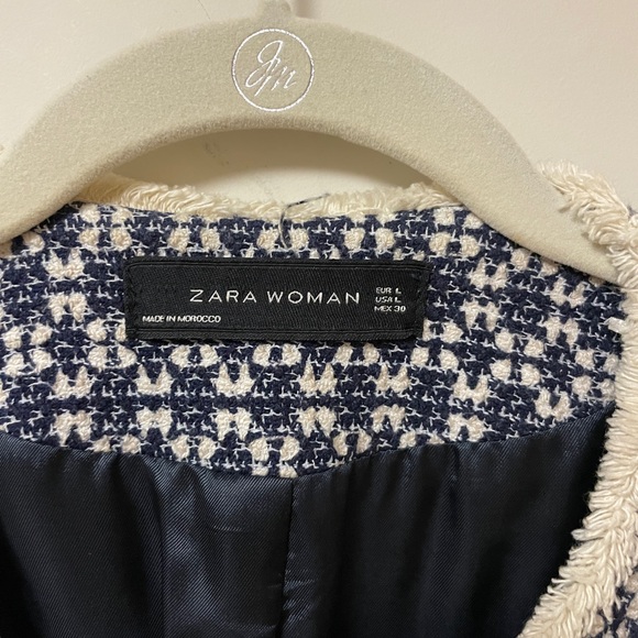 Zara Basic Blue and Cream Tweed Coat, Size Large - Picture 2 of 6